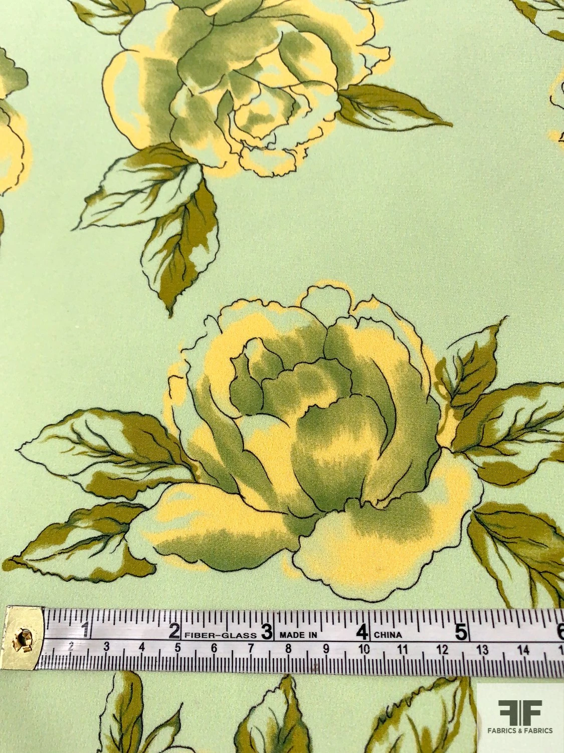Watercolor Floral Blossoms Printed Silk Crepe De Chine - Mint / Yellow / Olive Green 8 Watercolor Floral Blossoms Printed Silk Crepe De Chine - Mint / Yellow / Olive Green - Image 6