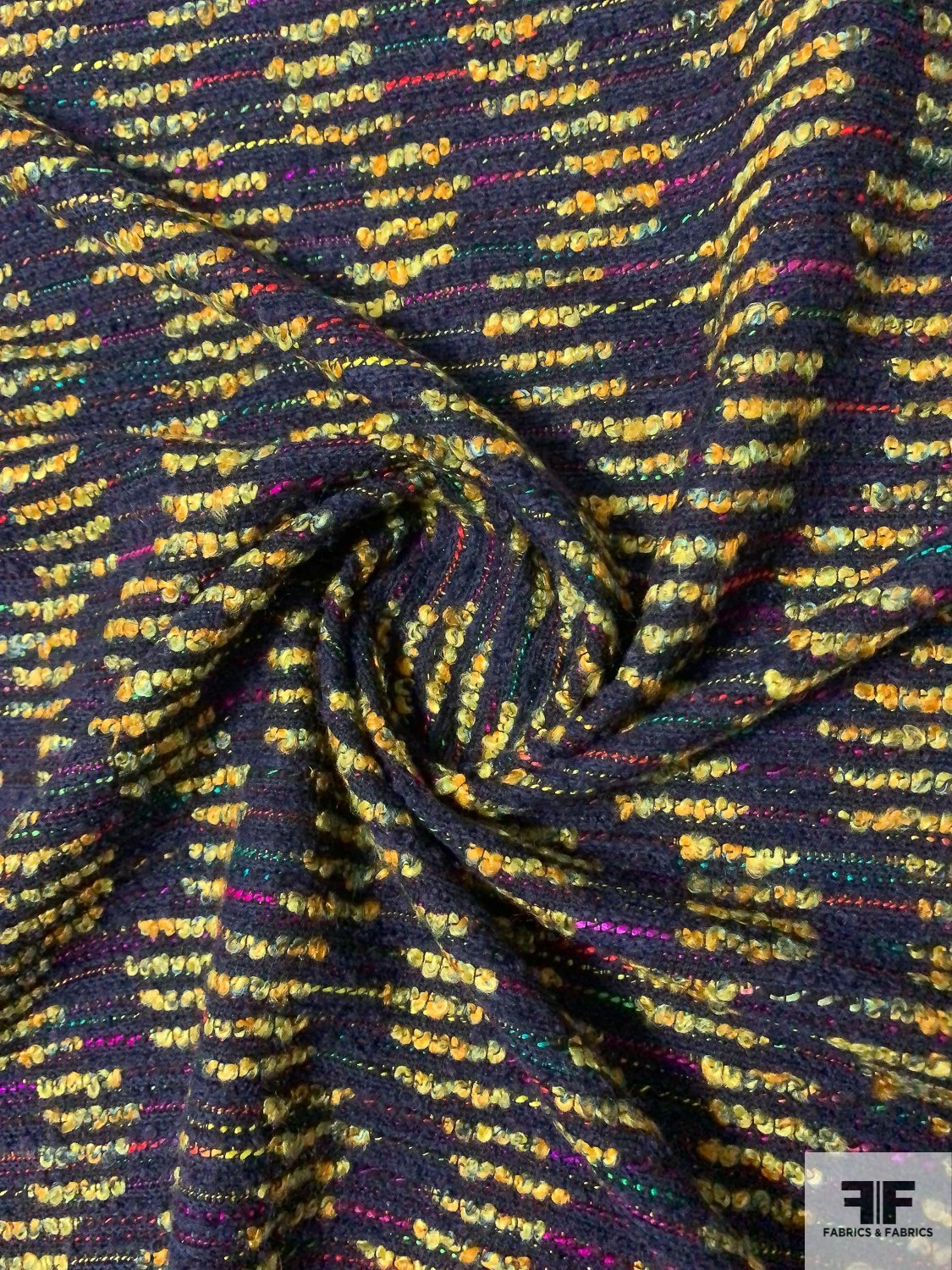 Italian Broken Wavy Striped Boucle Couture Wool Tweed - Navy / Yellow-Gold / Multicolor 5 Italian Broken Wavy Striped Boucle Couture Wool Tweed - Navy / Yellow-Gold / Multicolor - Image 3
