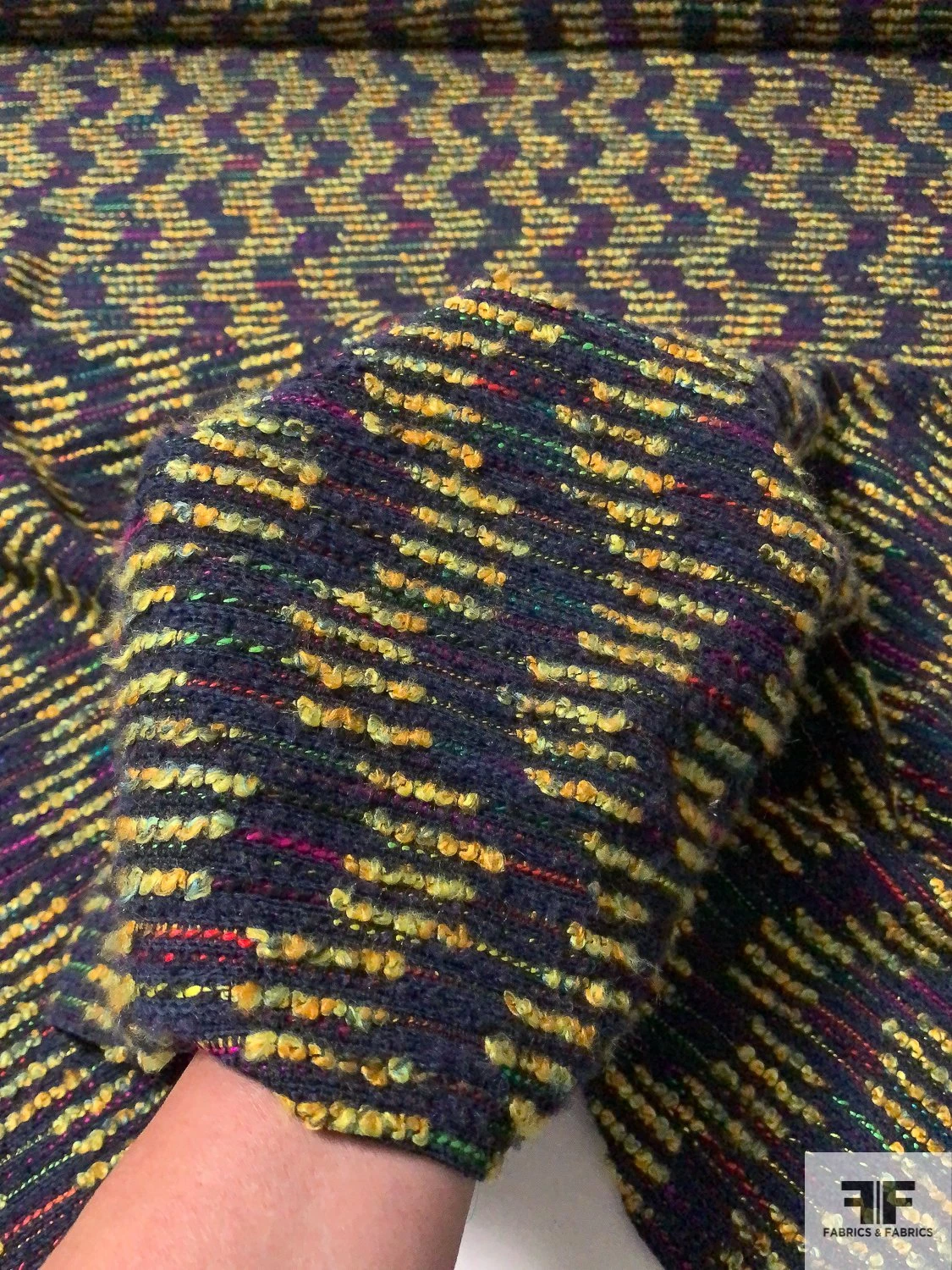Italian Broken Wavy Striped Boucle Couture Wool Tweed - Navy / Yellow-Gold / Multicolor 4 Italian Broken Wavy Striped Boucle Couture Wool Tweed - Navy / Yellow-Gold / Multicolor - Image 2