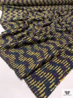 Italian Broken Wavy Striped Boucle Couture Wool Tweed - Navy / Yellow-Gold / Multicolor