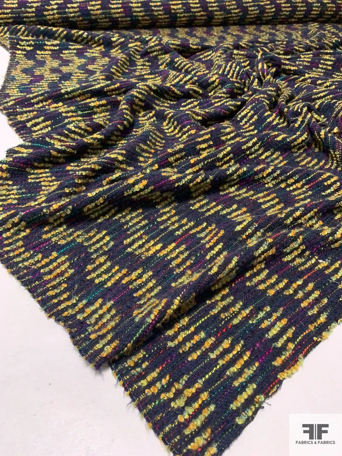Italian Broken Wavy Striped Boucle Couture Wool Tweed - Navy / Yellow-Gold / Multicolor 3 Italian Broken Wavy Striped Boucle Couture Wool Tweed - Navy / Yellow-Gold / Multicolor