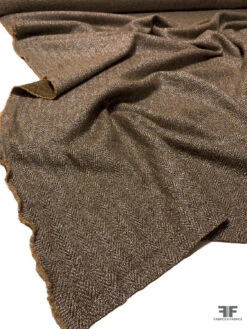 French Ralph Lauren Silver Foil Printed Herringbone Wool Suiting - Brown / Caramel / Silver / Gold
