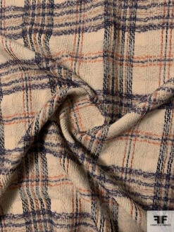 Italian Plaid Textured Jacket Weight Wool Suiting With Mohair Yarns - Light Khaki / Navy / Brown / Saddle