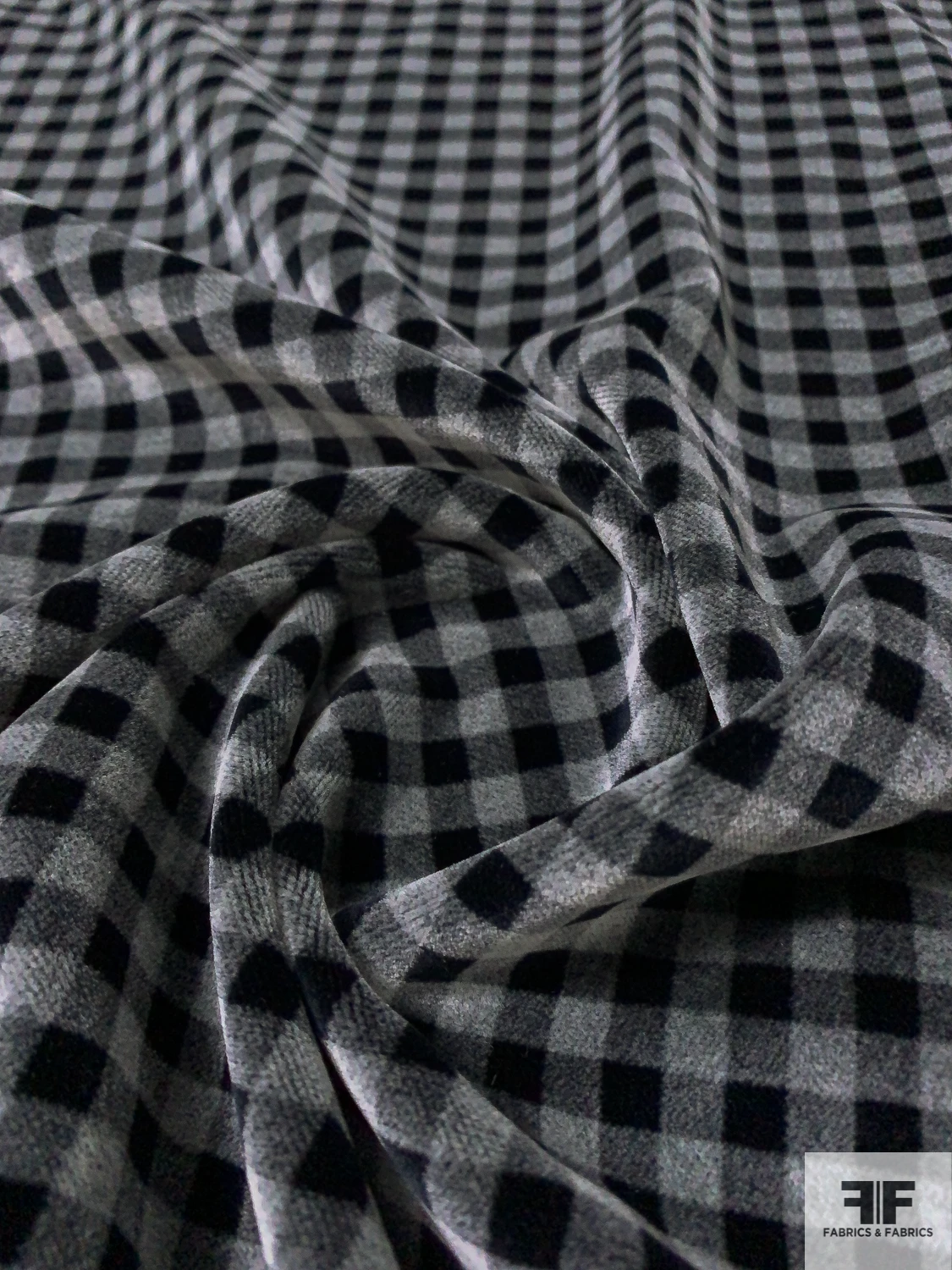 Italian Gingham Check Printed Cotton Velveteen - Grey / Black 3 Italian Gingham Check Printed Cotton Velveteen - Grey / Black