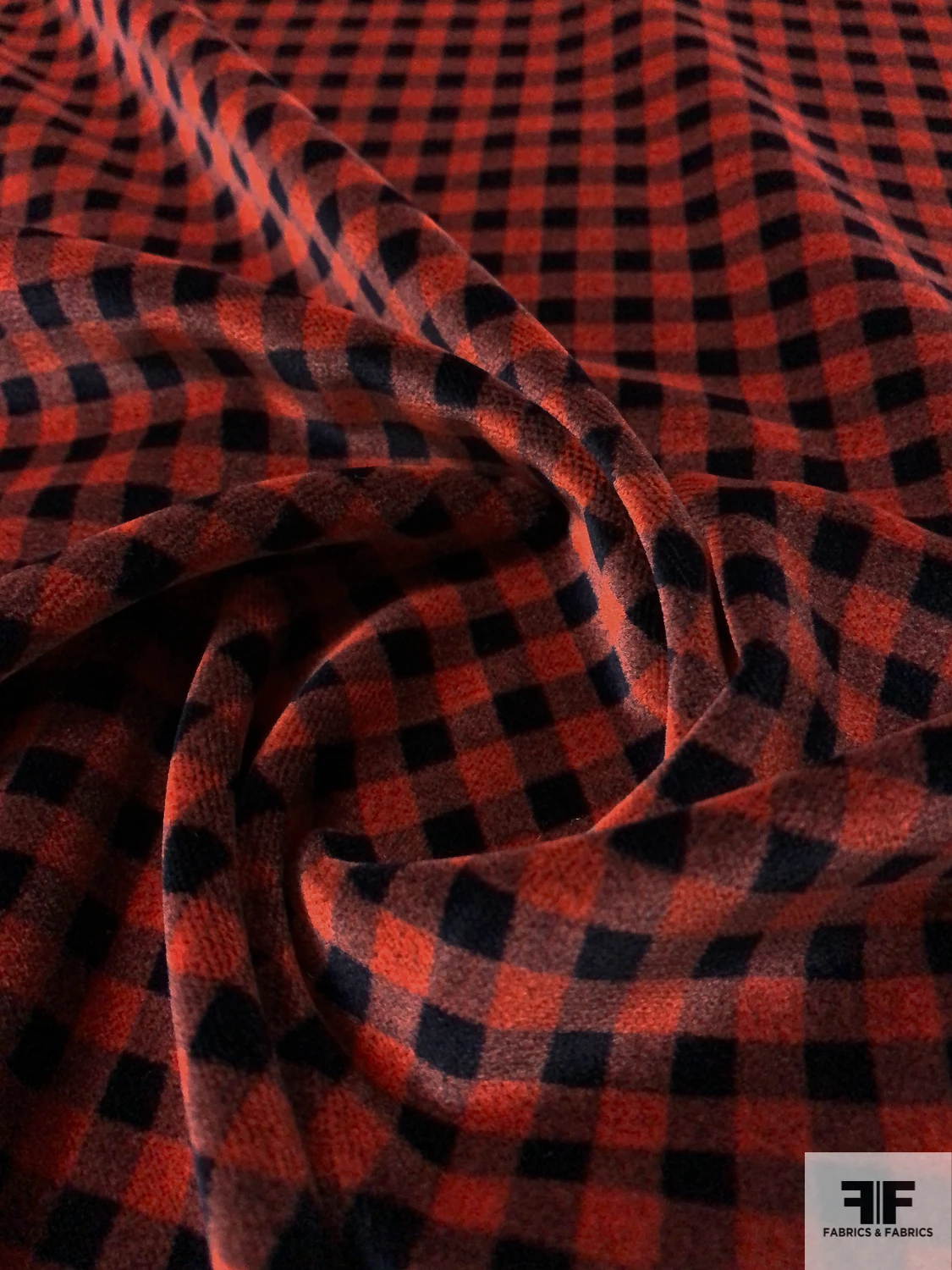 Italian Gingham Check Printed Cotton Velveteen - Brick Orange / Black 4 Italian Gingham Check Printed Cotton Velveteen - Brick Orange / Black - Image 2