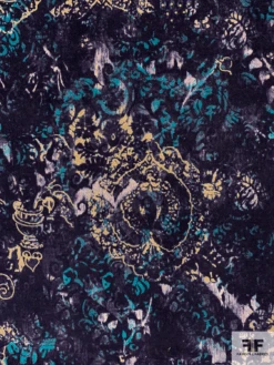 Abstract Regal Printed Stretch Corduroy Velveteen - Eggplant / Purple / Turquoise / Butter Yellow -Fabrics And Fabrics Store 11778 4