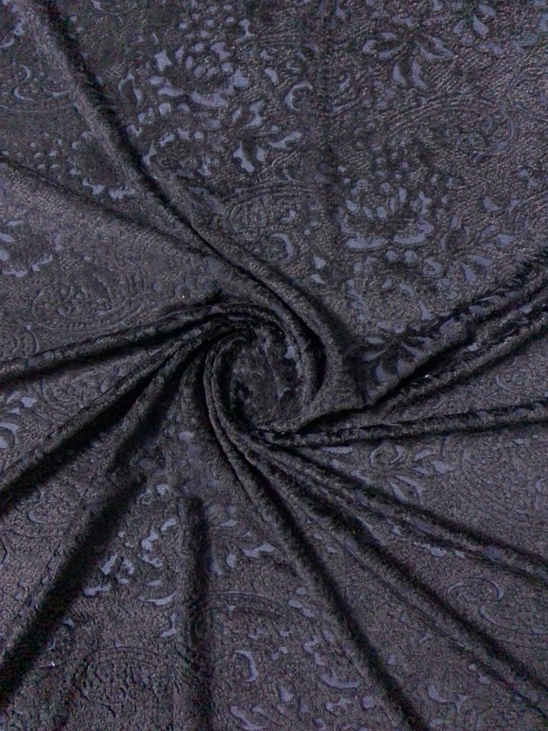 Ornate Floral Stretch Rayon Cut Velvet - Black / Navy 3 Ornate Floral Stretch Rayon Cut Velvet - Black / Navy