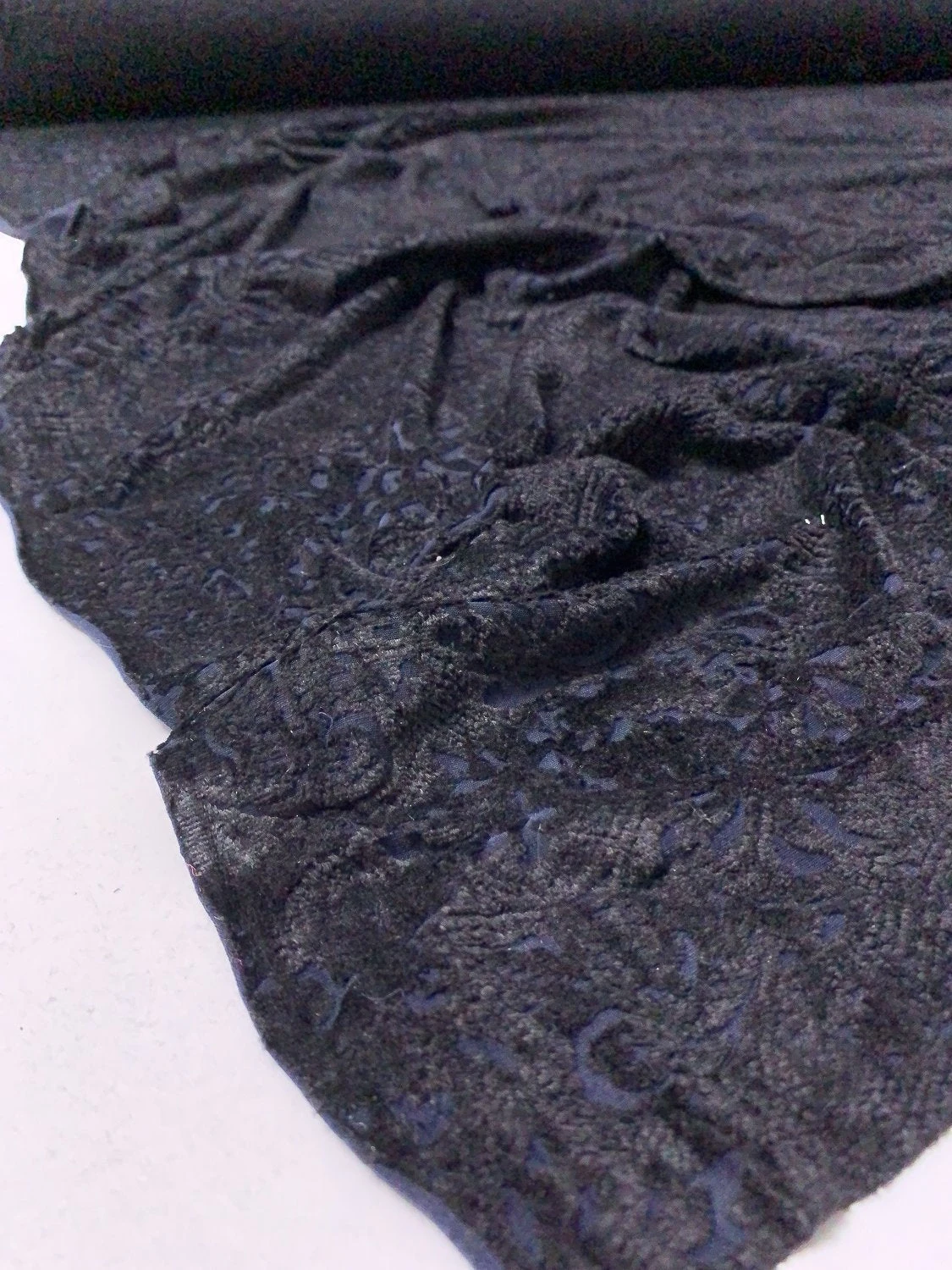 Ornate Floral Stretch Rayon Cut Velvet - Black / Navy 9 Ornate Floral Stretch Rayon Cut Velvet - Black / Navy - Image 7