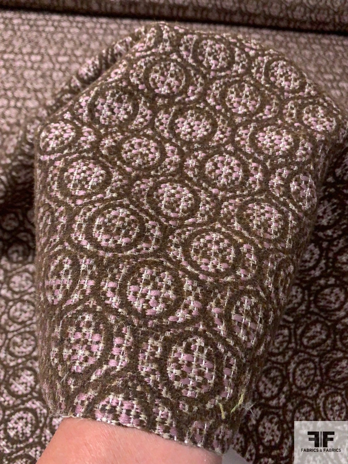 Italian Art Deco Circular Pattern Wool Blend Tweed Brocade - Brown / Orchid / Cream 3 Italian Art Deco Circular Pattern Wool Blend Tweed Brocade - Brown / Orchid / Cream
