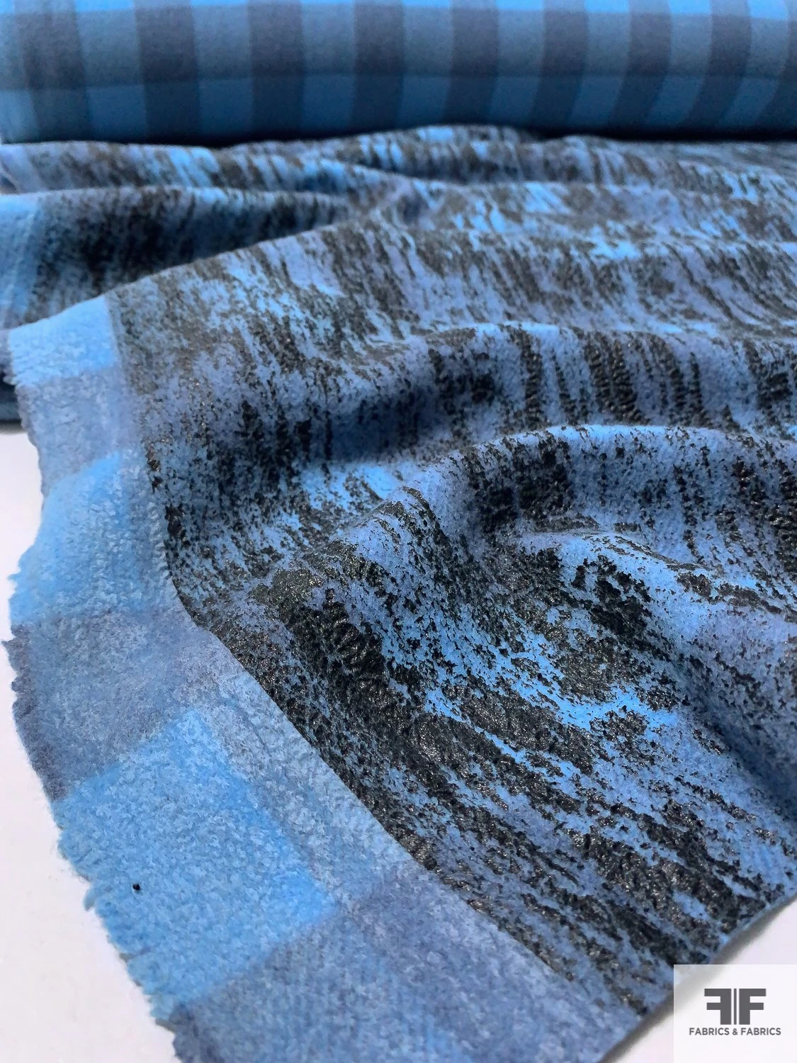 Italian Double Sided Buffalo Plaid Wool Coating With Black Foil Print - Aquarium Blue / Black 4 Italian Double Sided Buffalo Plaid Wool Coating With Black Foil Print - Aquarium Blue / Black - Image 2