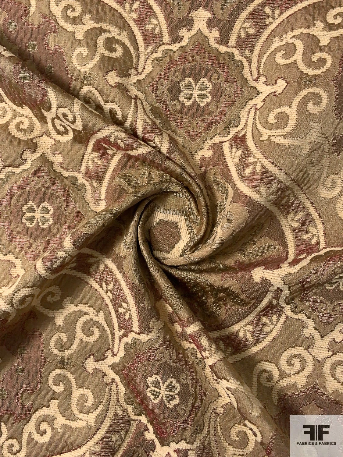 Italian Reversible Damask-Like Upholstery And Jacket Weight Brocade With Chenille Finish - Khaki / Cream / Maroon 5 Italian Reversible Damask-Like Upholstery And Jacket Weight Brocade With Chenille Finish - Khaki / Cream / Maroon - Image 3