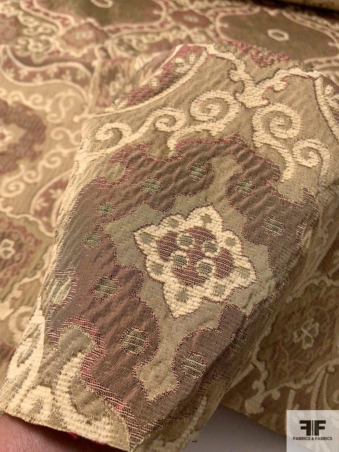 Italian Reversible Damask-Like Upholstery And Jacket Weight Brocade With Chenille Finish - Khaki / Cream / Maroon 9 Italian Reversible Damask-Like Upholstery And Jacket Weight Brocade With Chenille Finish - Khaki / Cream / Maroon - Image 7