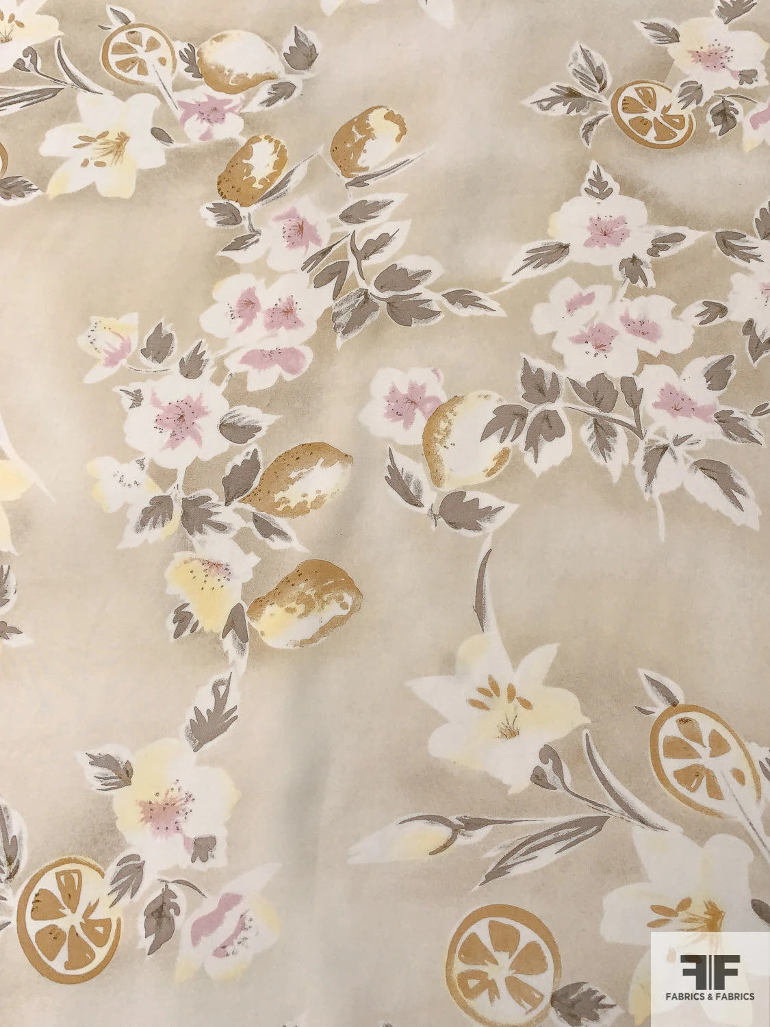 Fruits And Floral Distressed-Look Printed Silk Crepe De Chine - Light Beige / Stone Grey / Tan / Orchid 3 Fruits And Floral Distressed-Look Printed Silk Crepe De Chine - Light Beige / Stone Grey / Tan / Orchid