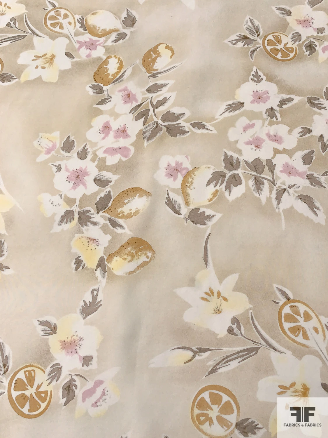 Fruits And Floral Distressed-Look Printed Silk Crepe De Chine - Light Beige / Stone Grey / Tan / Orchid 5 Fruits And Floral Distressed-Look Printed Silk Crepe De Chine - Light Beige / Stone Grey / Tan / Orchid - Image 3
