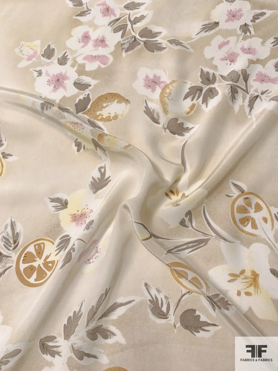 Fruits And Floral Distressed-Look Printed Silk Crepe De Chine - Light Beige / Stone Grey / Tan / Orchid 4 Fruits And Floral Distressed-Look Printed Silk Crepe De Chine - Light Beige / Stone Grey / Tan / Orchid - Image 2