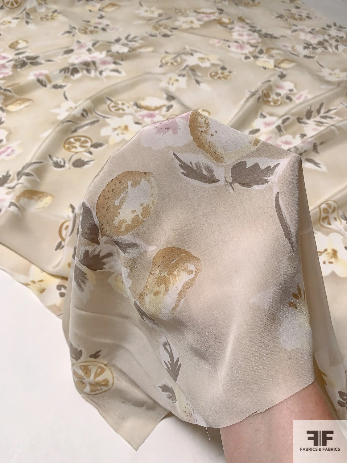 Fruits And Floral Distressed-Look Printed Silk Crepe De Chine - Light Beige / Stone Grey / Tan / Orchid 9 Fruits And Floral Distressed-Look Printed Silk Crepe De Chine - Light Beige / Stone Grey / Tan / Orchid - Image 7