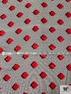 Squares And Micro Striped Printed Silk Charmeuse Jacquard Panel - Red / Black / Lightest Grey 16 Squares And Micro Striped Printed Silk Charmeuse Jacquard Panel - Red / Black / Lightest Grey -Fabrics And Fabrics Store 12612 4