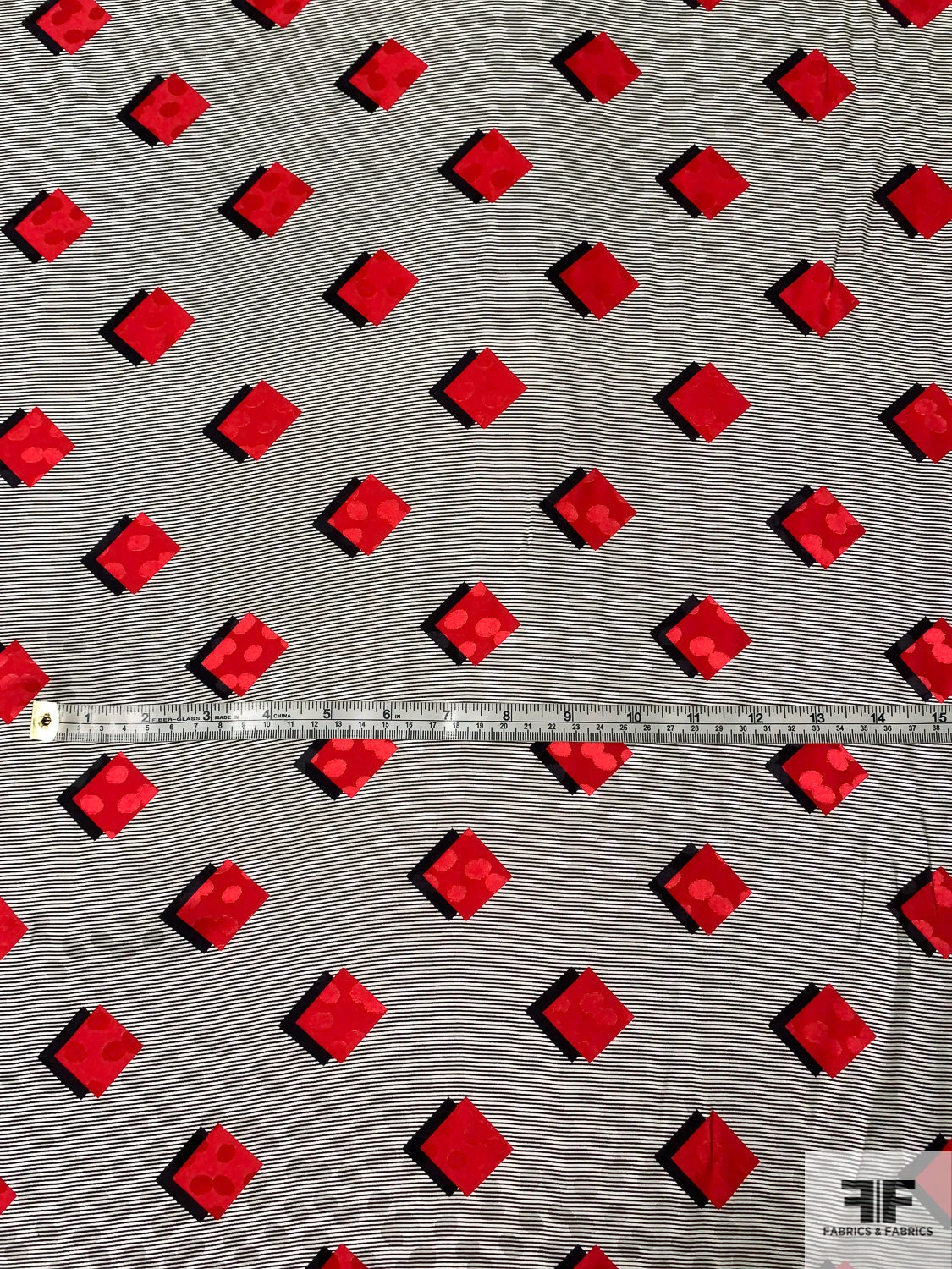Squares And Micro Striped Printed Silk Charmeuse Jacquard Panel - Red / Black / Lightest Grey 8 Squares And Micro Striped Printed Silk Charmeuse Jacquard Panel - Red / Black / Lightest Grey - Image 6