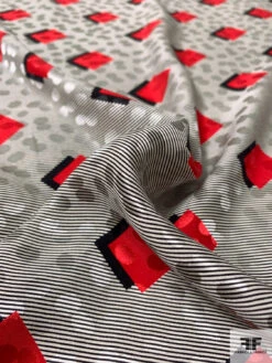 Squares And Micro Striped Printed Silk Charmeuse Jacquard Panel - Red / Black / Lightest Grey 19 Squares And Micro Striped Printed Silk Charmeuse Jacquard Panel - Red / Black / Lightest Grey -Fabrics And Fabrics Store 12612 7