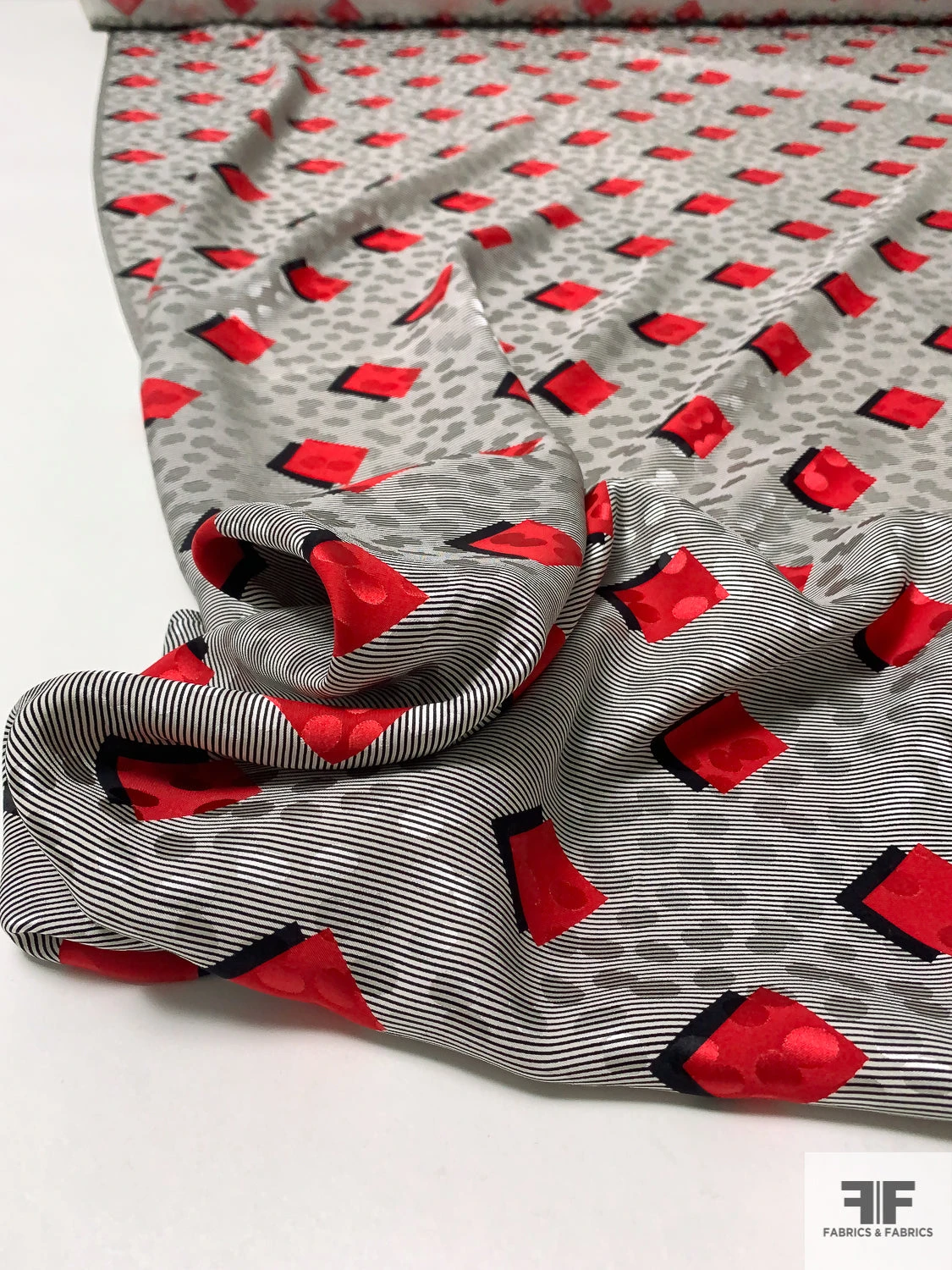 Squares And Micro Striped Printed Silk Charmeuse Jacquard Panel - Red / Black / Lightest Grey 4 Squares And Micro Striped Printed Silk Charmeuse Jacquard Panel - Red / Black / Lightest Grey - Image 2