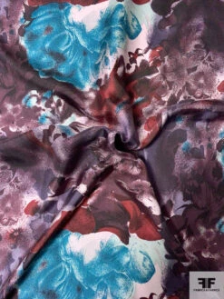 Painterly Floral Printed Vintage Silk Twill - Smoky Purple / Turquoise / Smoky Maroon