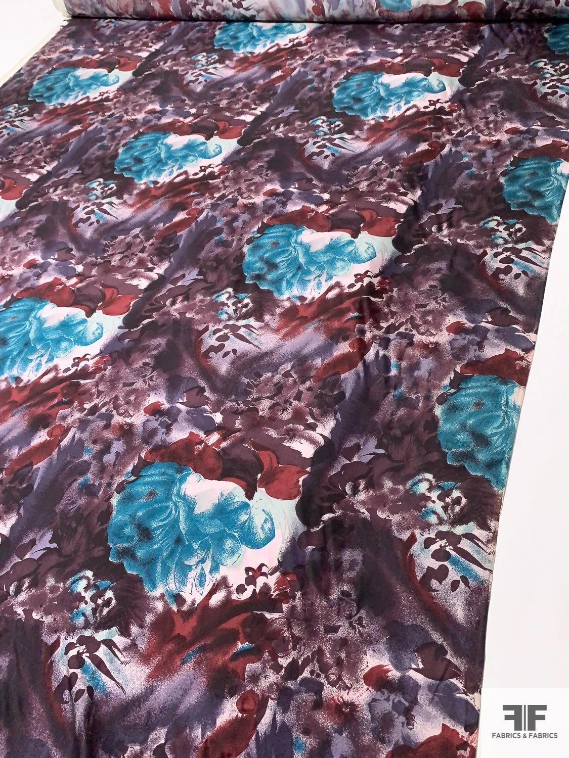 Painterly Floral Printed Vintage Silk Twill - Smoky Purple / Turquoise / Smoky Maroon 4 Painterly Floral Printed Vintage Silk Twill - Smoky Purple / Turquoise / Smoky Maroon - Image 2