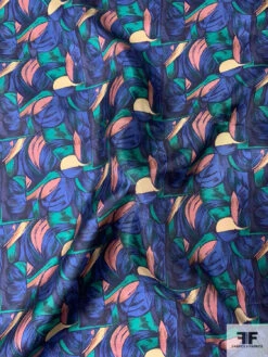 Graphic Printed Vintage Silk Twill - Indigo Blue / Dusty Rose / Green -Fabrics And Fabrics Store 12639 2