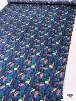 Graphic Printed Vintage Silk Twill - Indigo Blue / Dusty Rose / Green -Fabrics And Fabrics Store 12639 7