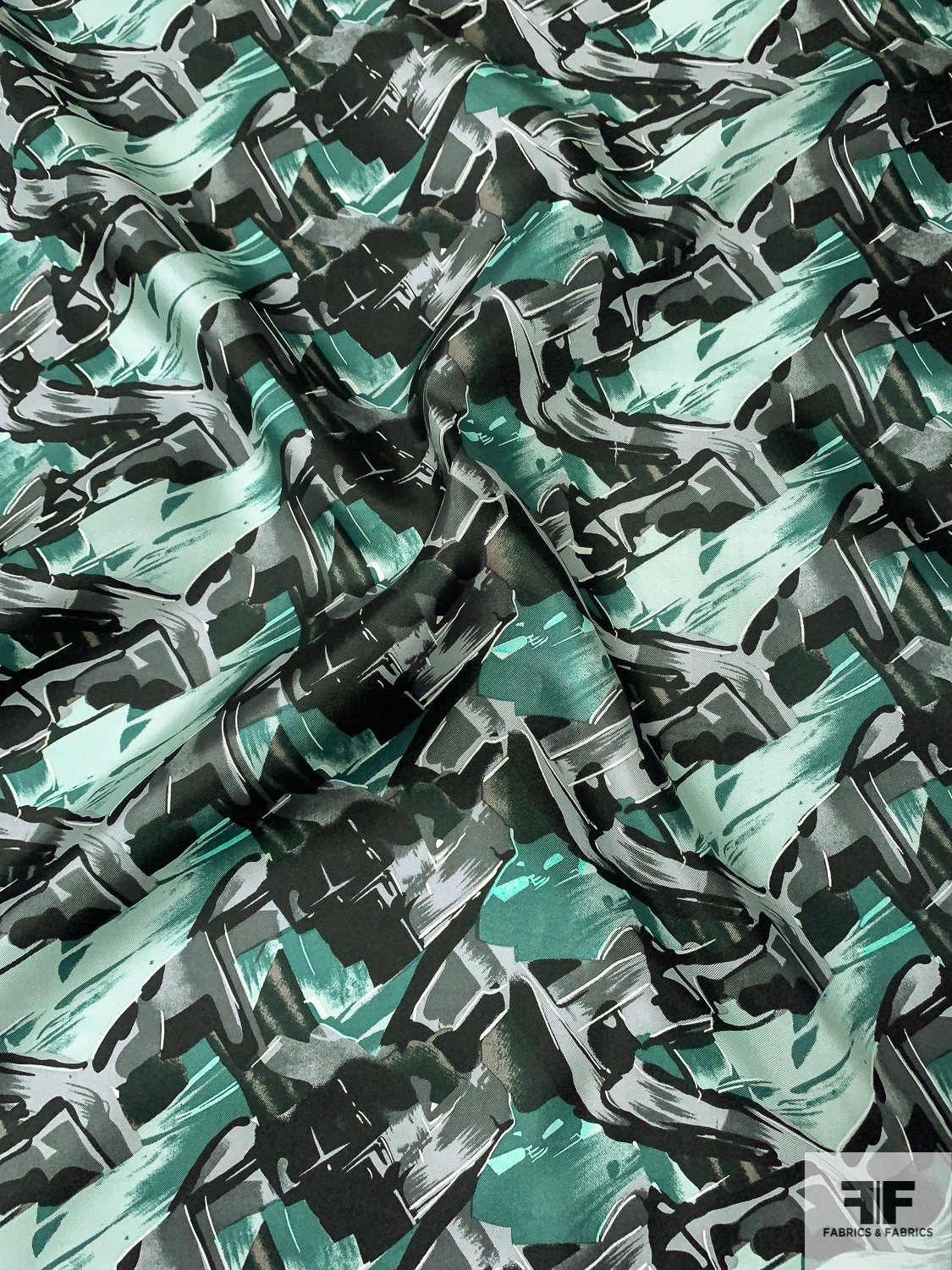 Abstract Graphic Printed Vintage Fine Silk Twill - Dusty Green / Seafoam / Black 3 Abstract Graphic Printed Vintage Fine Silk Twill - Dusty Green / Seafoam / Black