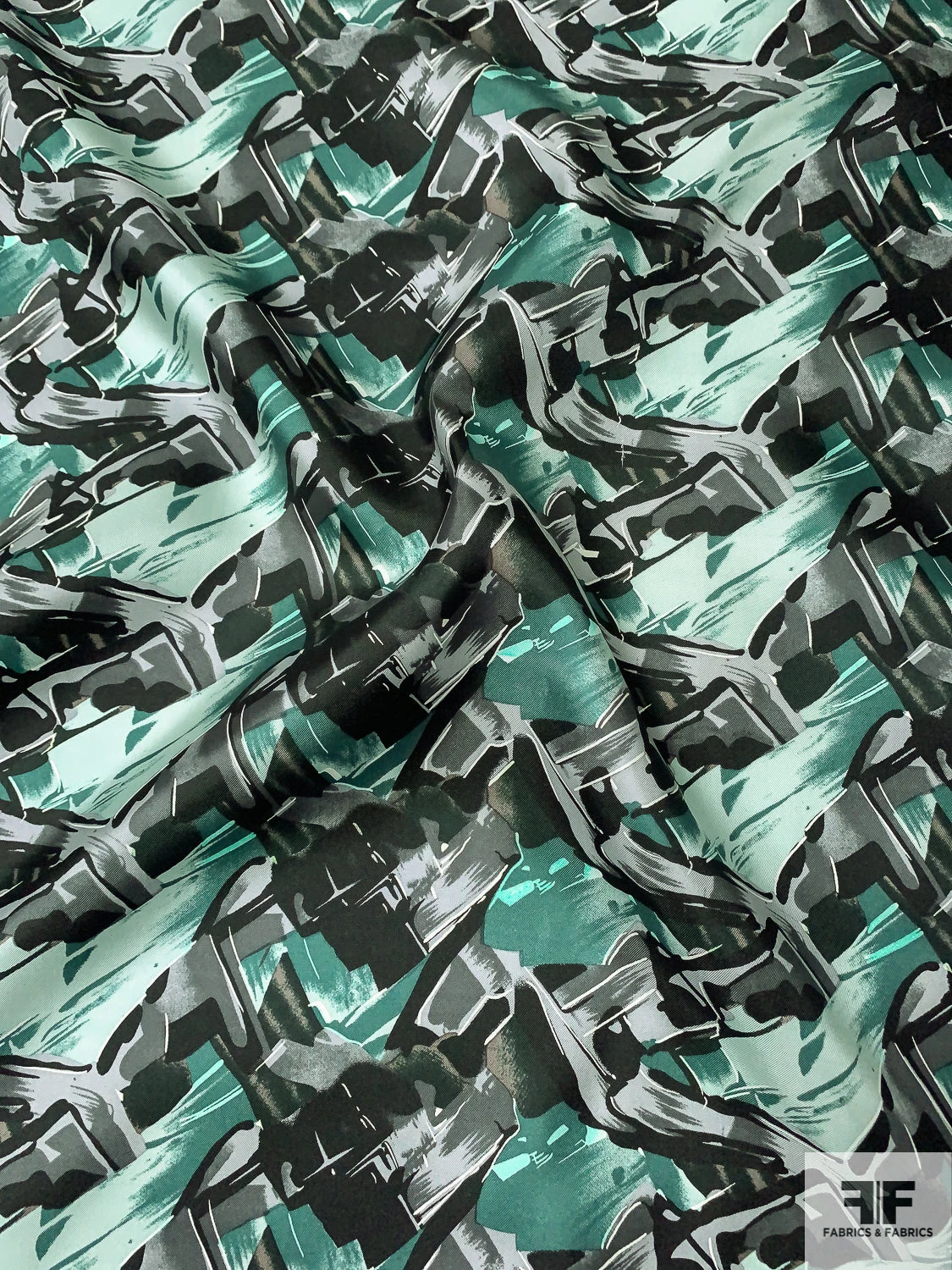 Abstract Graphic Printed Vintage Fine Silk Twill - Dusty Green / Seafoam / Black 5 Abstract Graphic Printed Vintage Fine Silk Twill - Dusty Green / Seafoam / Black - Image 3