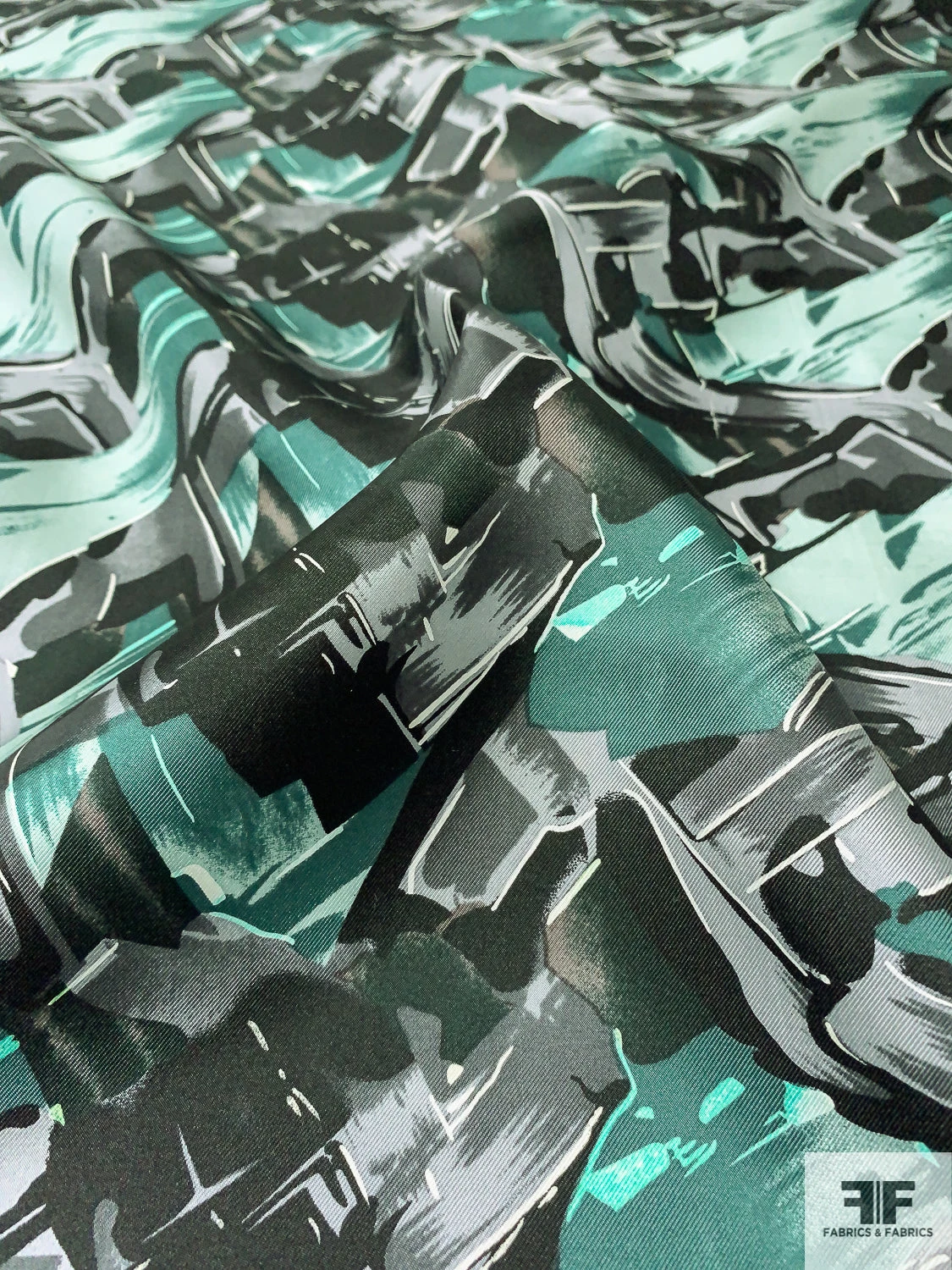 Abstract Graphic Printed Vintage Fine Silk Twill - Dusty Green / Seafoam / Black 6 Abstract Graphic Printed Vintage Fine Silk Twill - Dusty Green / Seafoam / Black - Image 4