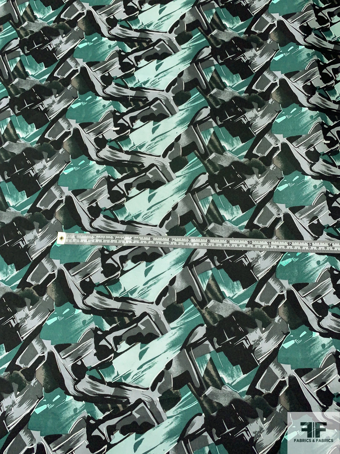 Abstract Graphic Printed Vintage Fine Silk Twill - Dusty Green / Seafoam / Black 8 Abstract Graphic Printed Vintage Fine Silk Twill - Dusty Green / Seafoam / Black - Image 6