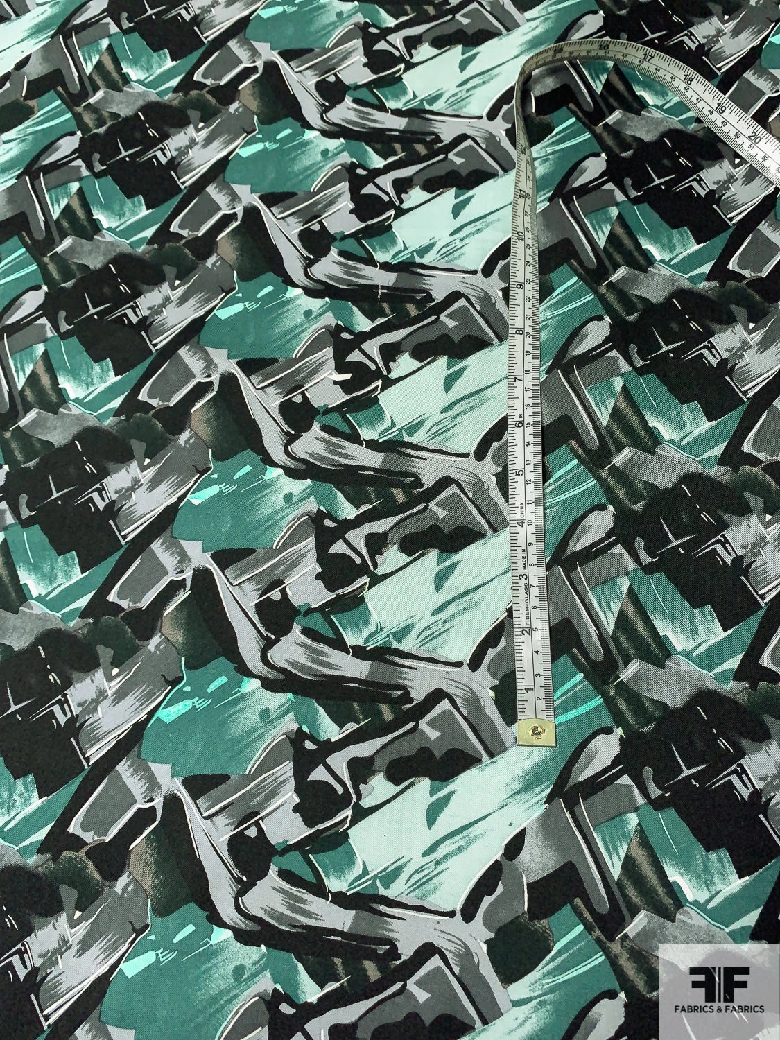 Abstract Graphic Printed Vintage Fine Silk Twill - Dusty Green / Seafoam / Black 9 Abstract Graphic Printed Vintage Fine Silk Twill - Dusty Green / Seafoam / Black - Image 7