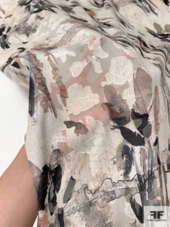 Italian Painterly Stalks Printed Silk And Cotton Blend Fil Coupé - Ivory / Black / Greys / Dusty Peach