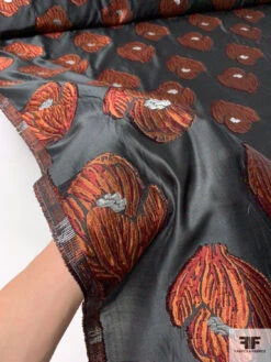 Italian Floral Petals Fil Coupé Silk Organza - Copper / Black / Merlot / Silver