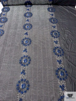 Floral Wreath And Rows Embroidered Silk Chiffon With Lurex Detailing And Scalloped Edge - Navy Blue / Off-White / Black / Metallic Grey