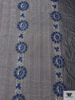 Floral Wreath And Rows Embroidered Silk Chiffon With Lurex Detailing And Scalloped Edge - Navy Blue / Off-White / Black / Metallic Grey -Fabrics And Fabrics Store 12864 2