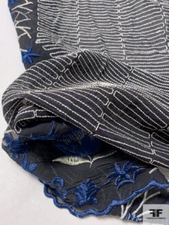 Floral Wreath And Rows Embroidered Silk Chiffon With Lurex Detailing And Scalloped Edge - Navy Blue / Off-White / Black / Metallic Grey -Fabrics And Fabrics Store 12864 8