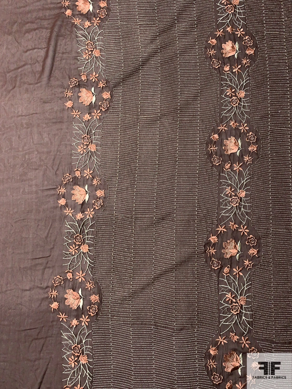 Floral Wreath And Rows Embroidered Silk Chiffon With Lurex Detailing And Scalloped Edge - Brown / Cider Brown / Silver / Sage 5 Floral Wreath And Rows Embroidered Silk Chiffon With Lurex Detailing And Scalloped Edge - Brown / Cider Brown / Silver / Sage - Image 3