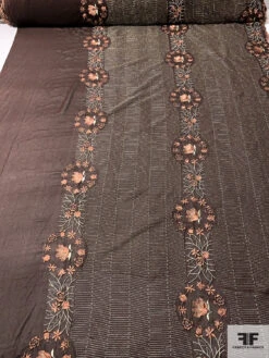 Floral Wreath And Rows Embroidered Silk Chiffon With Lurex Detailing And Scalloped Edge - Brown / Cider Brown / Silver / Sage 13 Floral Wreath And Rows Embroidered Silk Chiffon With Lurex Detailing And Scalloped Edge - Brown / Cider Brown / Silver / Sage -Fabrics And Fabrics Store 12865 3