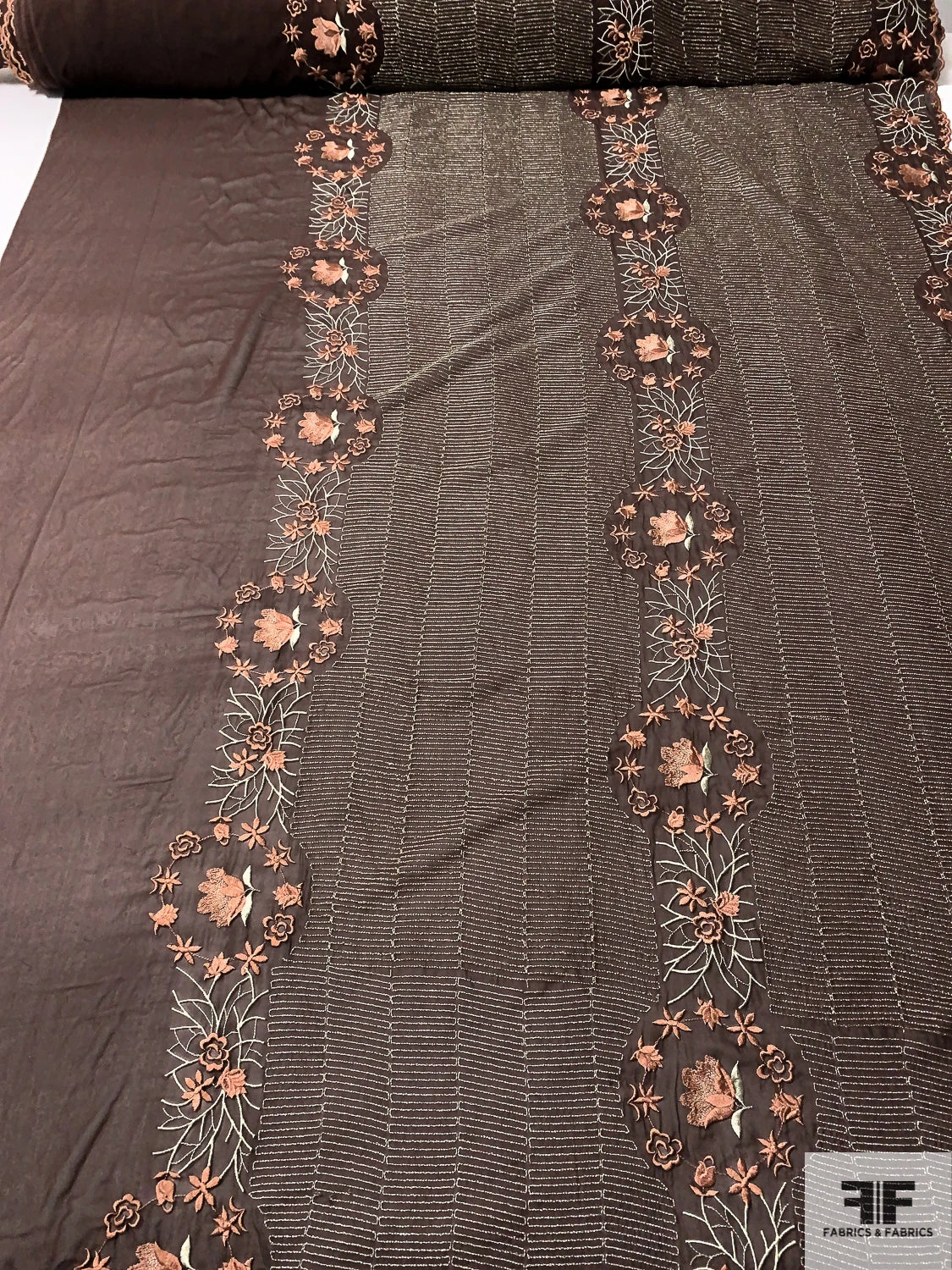 Floral Wreath And Rows Embroidered Silk Chiffon With Lurex Detailing And Scalloped Edge - Brown / Cider Brown / Silver / Sage 6 Floral Wreath And Rows Embroidered Silk Chiffon With Lurex Detailing And Scalloped Edge - Brown / Cider Brown / Silver / Sage - Image 4
