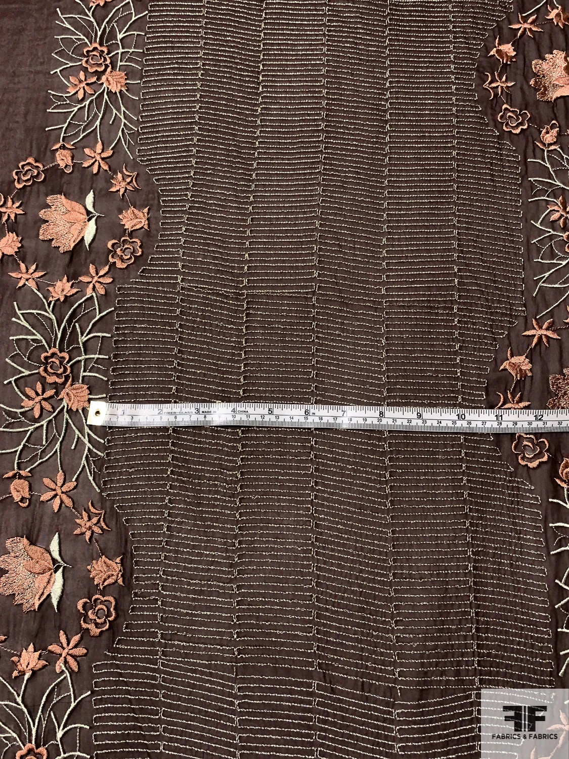Floral Wreath And Rows Embroidered Silk Chiffon With Lurex Detailing And Scalloped Edge - Brown / Cider Brown / Silver / Sage 7 Floral Wreath And Rows Embroidered Silk Chiffon With Lurex Detailing And Scalloped Edge - Brown / Cider Brown / Silver / Sage - Image 5