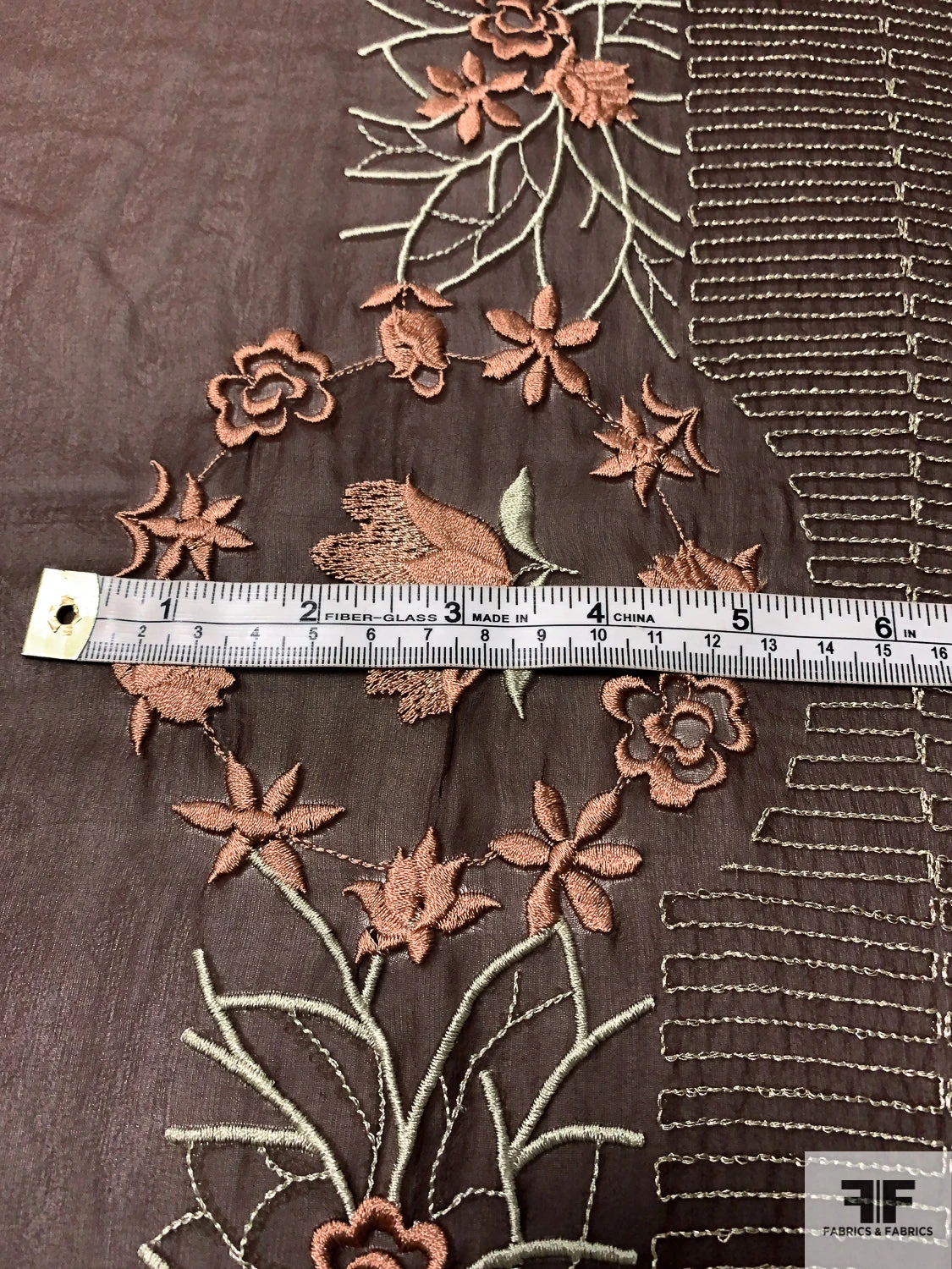 Floral Wreath And Rows Embroidered Silk Chiffon With Lurex Detailing And Scalloped Edge - Brown / Cider Brown / Silver / Sage 8 Floral Wreath And Rows Embroidered Silk Chiffon With Lurex Detailing And Scalloped Edge - Brown / Cider Brown / Silver / Sage - Image 6