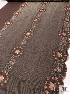 Floral Wreath And Rows Embroidered Silk Chiffon With Lurex Detailing And Scalloped Edge - Brown / Cider Brown / Silver / Sage