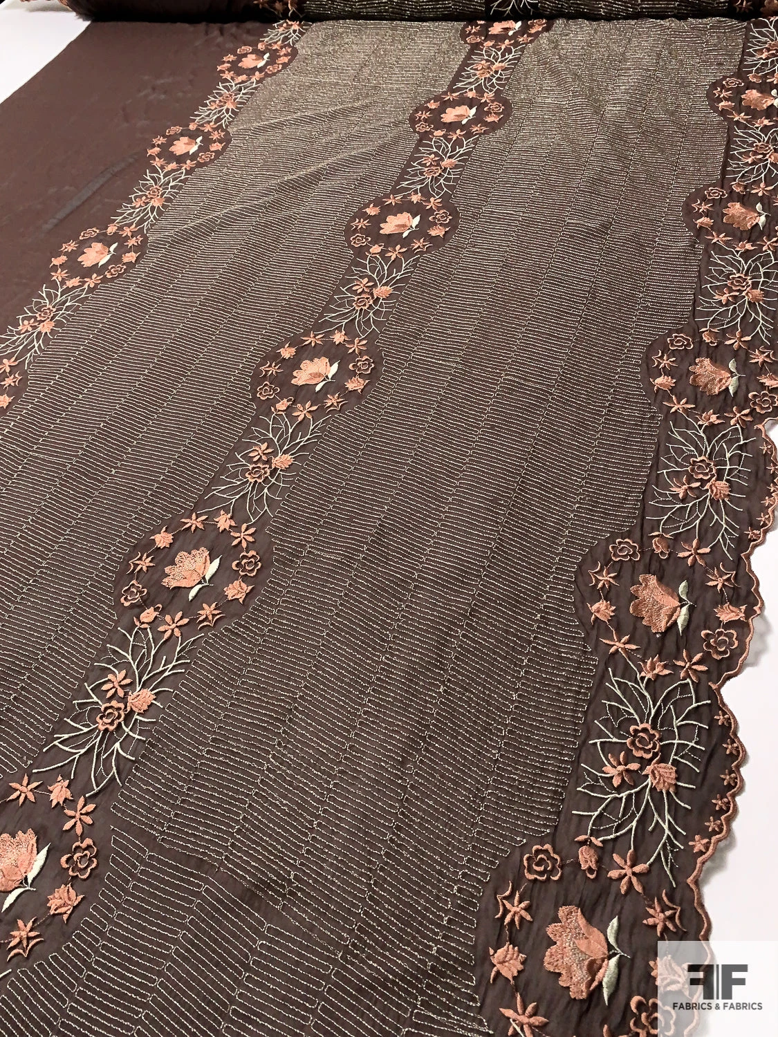 Floral Wreath And Rows Embroidered Silk Chiffon With Lurex Detailing And Scalloped Edge - Brown / Cider Brown / Silver / Sage 3 Floral Wreath And Rows Embroidered Silk Chiffon With Lurex Detailing And Scalloped Edge - Brown / Cider Brown / Silver / Sage