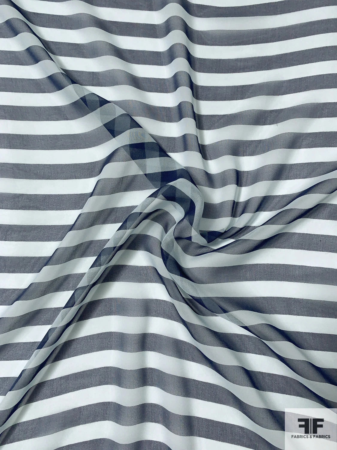 Horizontal Striped Printed Silk Chiffon - Navy / Light Sky Blue 3 Horizontal Striped Printed Silk Chiffon - Navy / Light Sky Blue