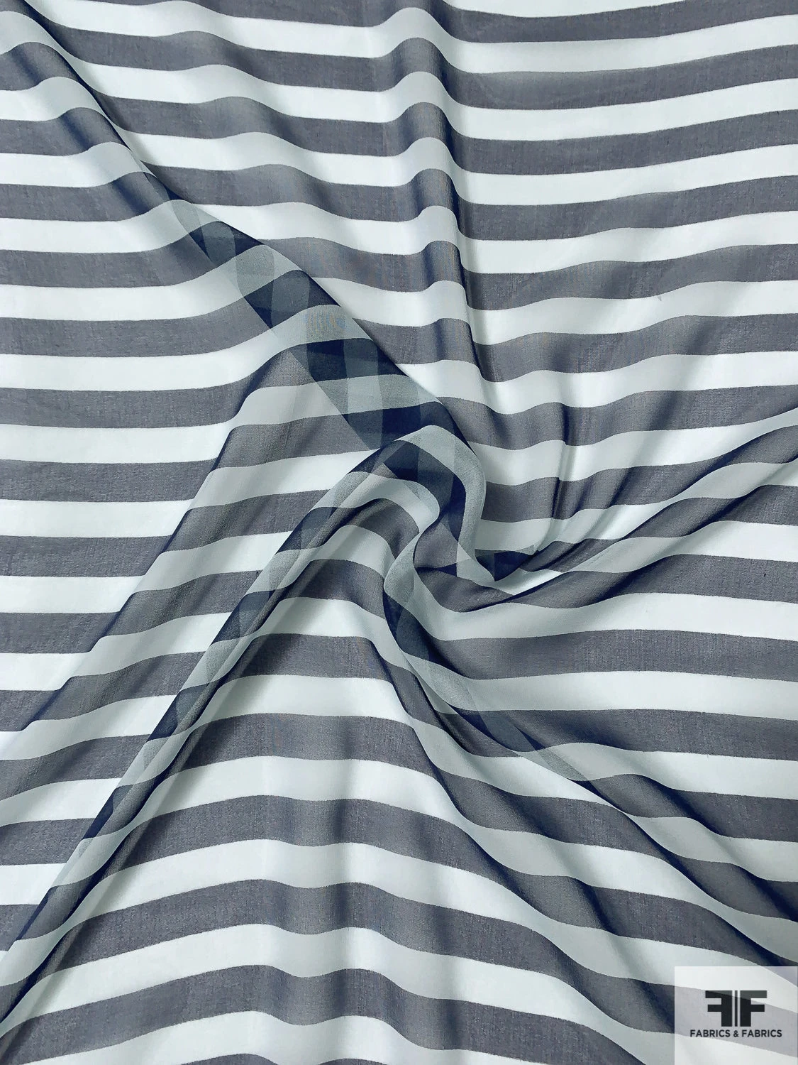 Horizontal Striped Printed Silk Chiffon - Navy / Light Sky Blue 5 Horizontal Striped Printed Silk Chiffon - Navy / Light Sky Blue - Image 3