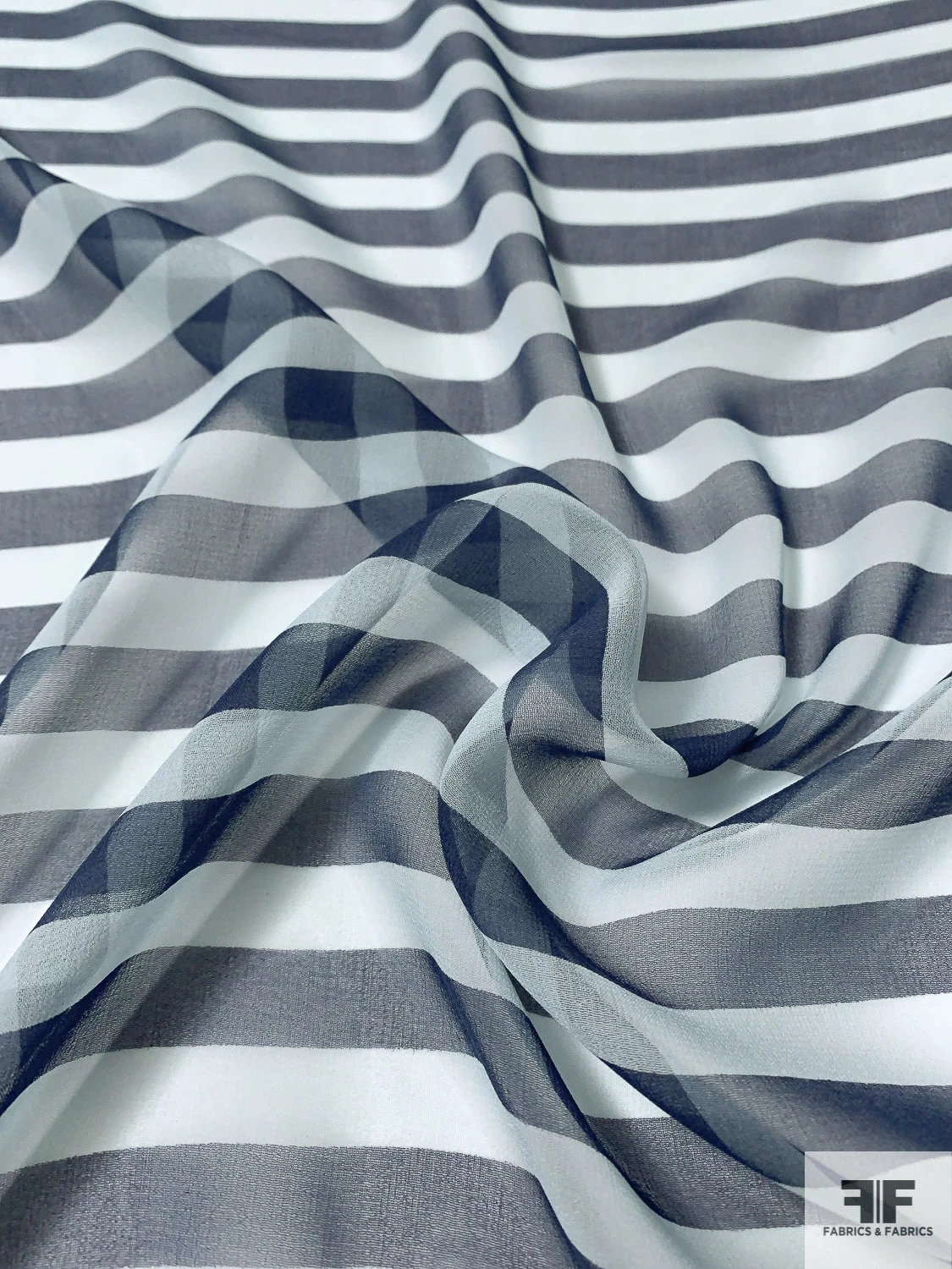 Horizontal Striped Printed Silk Chiffon - Navy / Light Sky Blue 9 Horizontal Striped Printed Silk Chiffon - Navy / Light Sky Blue - Image 7