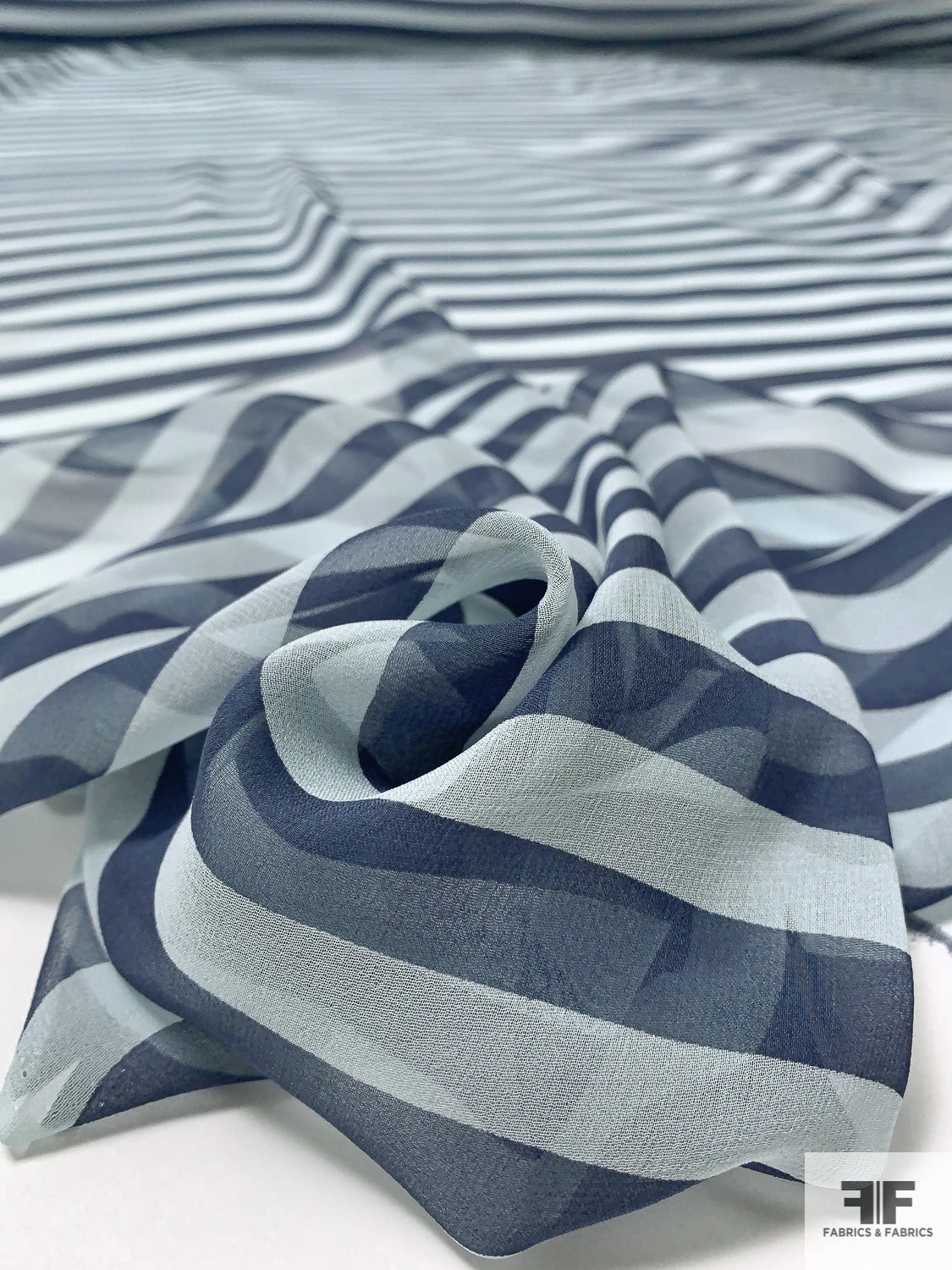 Horizontal Striped Printed Silk Chiffon - Navy / Light Sky Blue 4 Horizontal Striped Printed Silk Chiffon - Navy / Light Sky Blue - Image 2