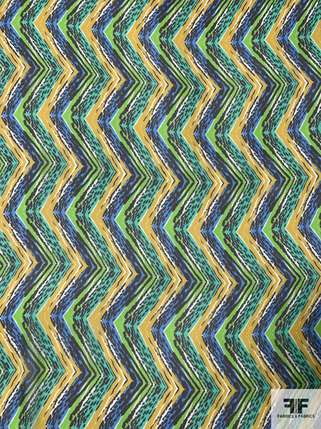 Chevron Vertically Printed Lightly Crinkled Silk Chiffon - Greens / Blue / Mustard 4 Chevron Vertically Printed Lightly Crinkled Silk Chiffon - Greens / Blue / Mustard - Image 2